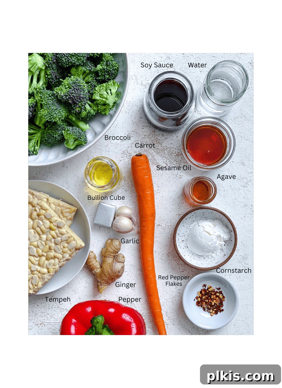Simple Sizzling Tempeh 3 ingredients for Easy Tempeh Stir-Fry measured out against a white surface