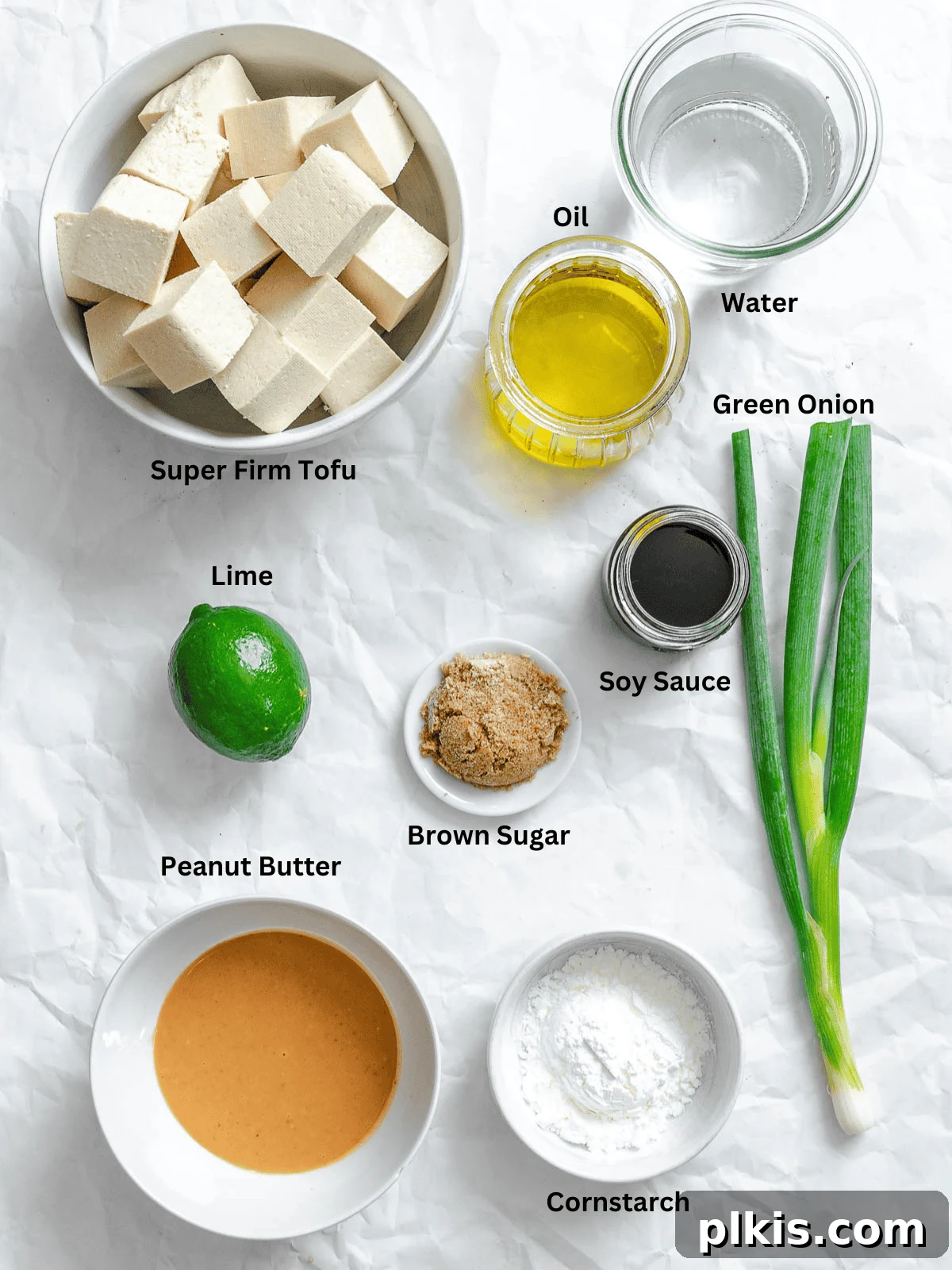 Golden Crispy Tofu with Rich Peanut Sauce 3 Ingredients for Crispy Tofu with Peanut Sauce measured out.