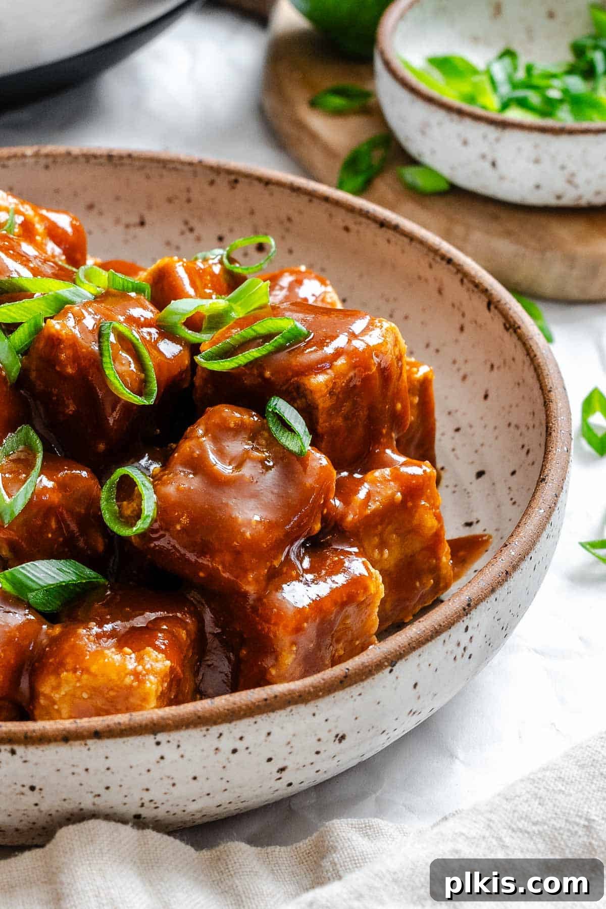 Golden Crispy Tofu with Rich Peanut Sauce 8 Completed Crispy Tofu with Peanut Sauce on a plate.