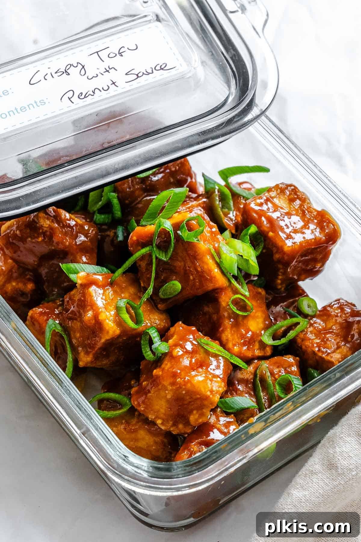 Golden Crispy Tofu with Rich Peanut Sauce 9 Completed Crispy Tofu with Peanut Sauce in a storage container.