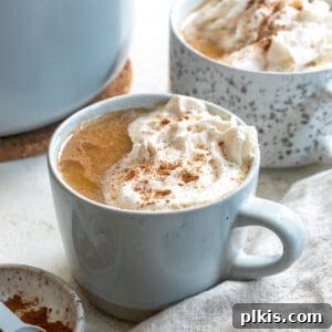 The Ultimate Plant-Based Pumpkin Spice Latte 10 A finished vegan pumpkin spice latte topped with vegan whipped cream. On the top left corner, theres part of another glass with the same drink. Bottom right has a gray napkin. Bottom left has a small bowl of cinnamon.