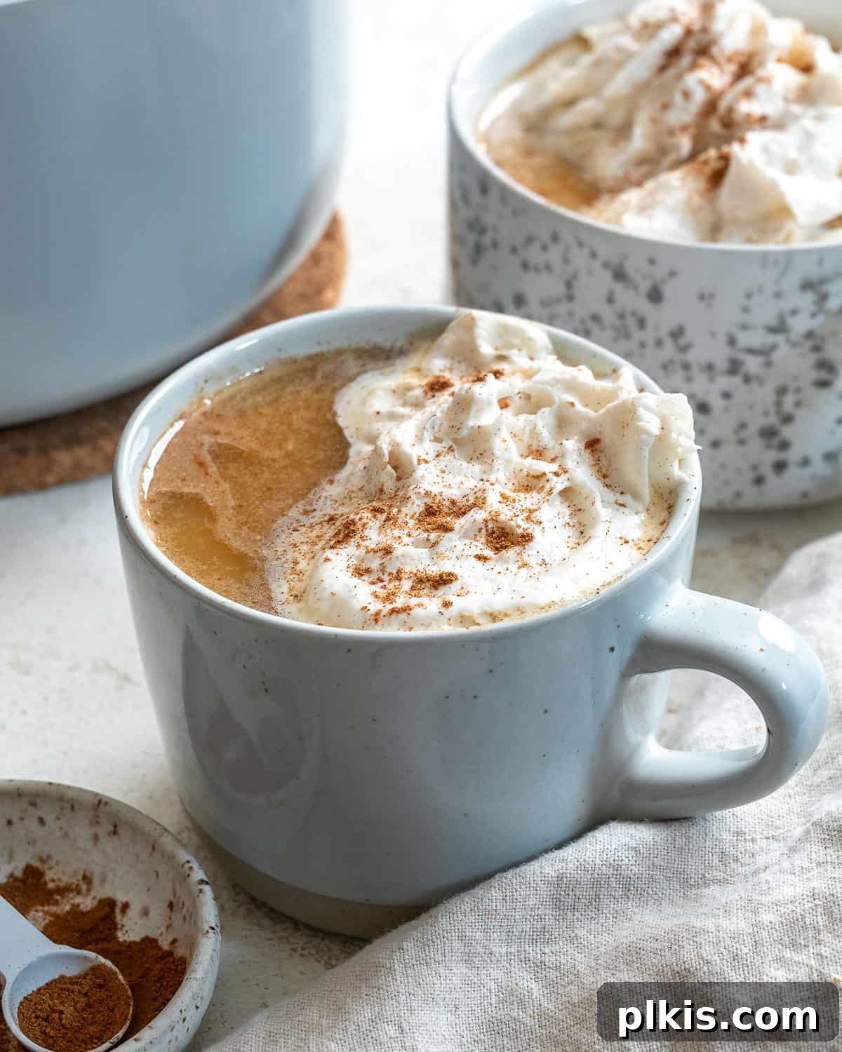 The Ultimate Plant-Based Pumpkin Spice Latte 8 A beautifully presented vegan pumpkin spice latte, topped with a generous swirl of fluffy vegan whipped cream. The warm, inviting drink is garnished with a dusting of cinnamon. Part of another matching latte is visible in the upper left, while a textured gray napkin and a small bowl of cinnamon sticks add to the cozy autumn ambiance.