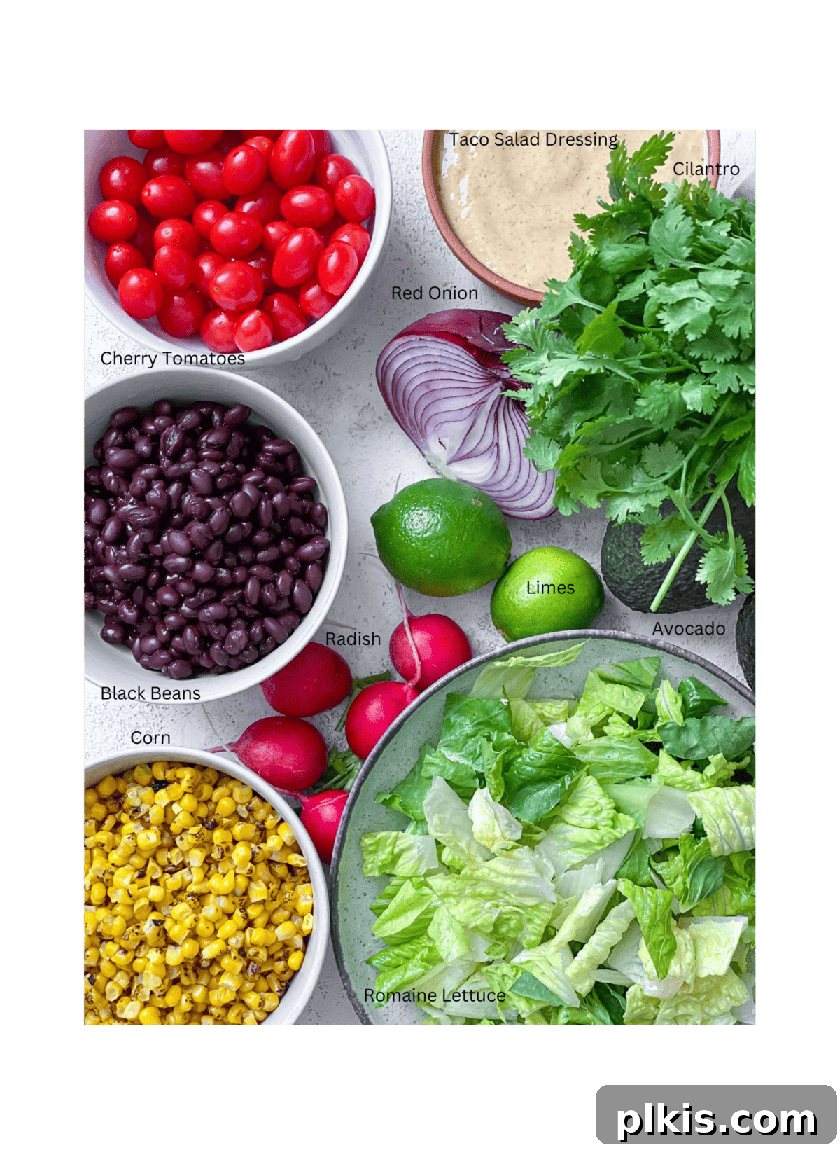 Vegan Fiesta Bowl 3 A flat lay photograph showcasing all the fresh, colorful ingredients required to assemble a delicious vegan taco salad.