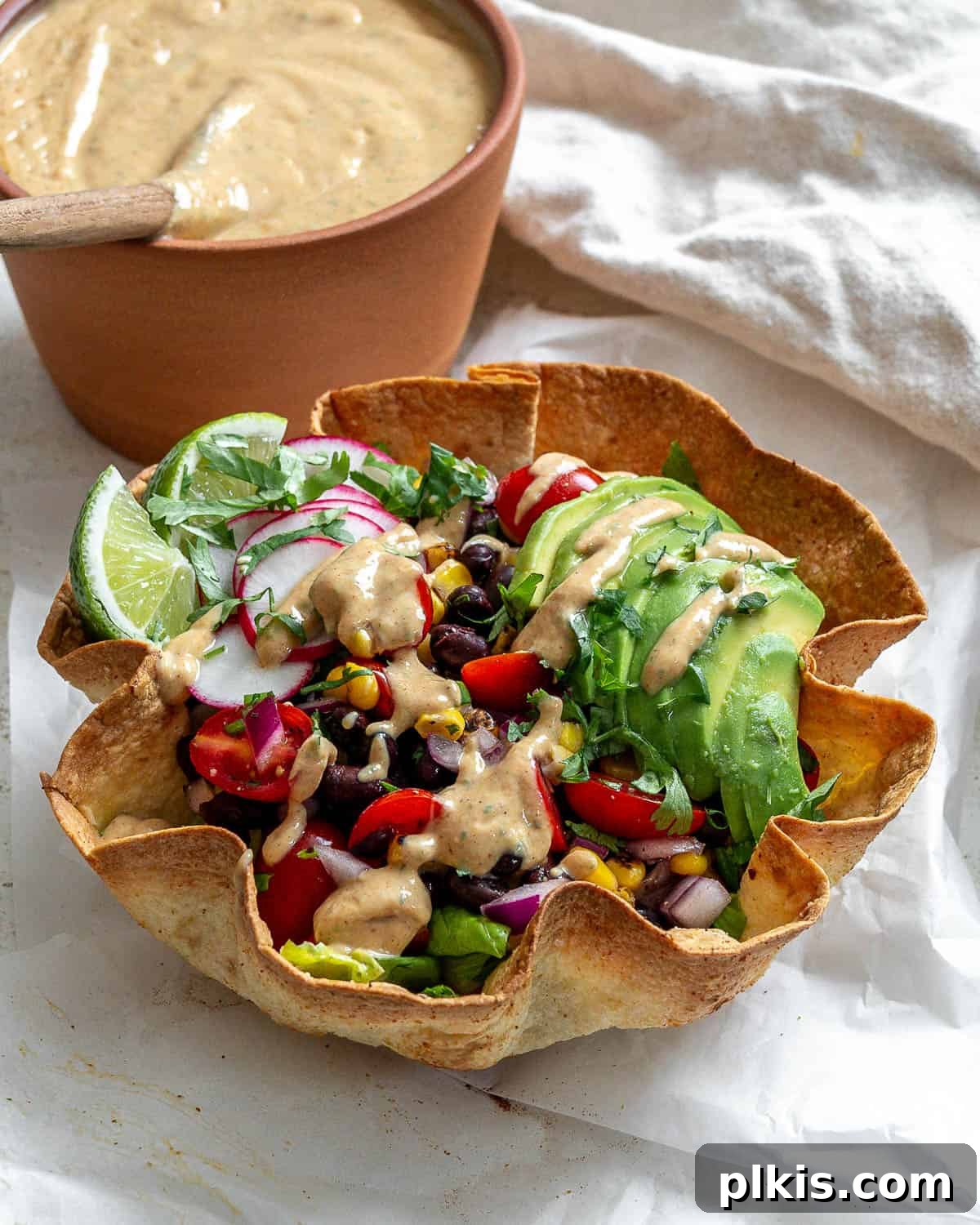 Spicy Vegan Chipotle Taco Dressing 2 Completed Vegan Chipotle Sauce and a Fresh Taco Salad Bowl