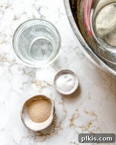 measured out yeast, salt, and water in bowls against white surface