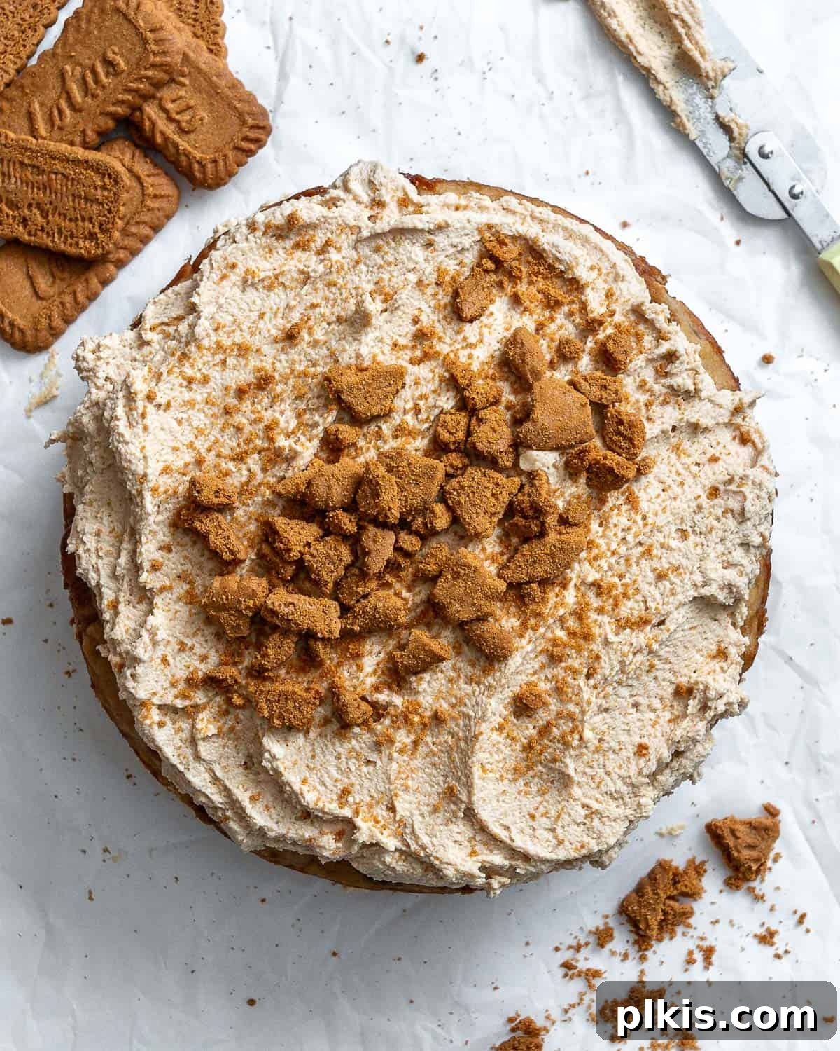 Decadent Vegan Biscoff Dream 2 completed Vegan Biscoff Cake against a white surface, showcasing its beautiful layers and frosting