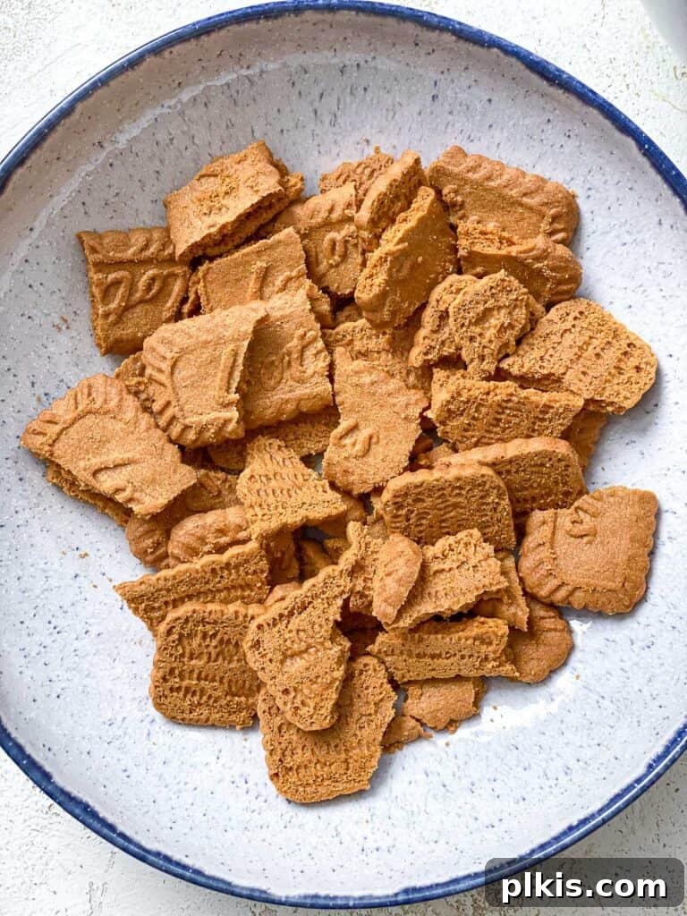 Decadent Vegan Biscoff Dream 12 biscoff pieces on a plate, crumbled to quarter size