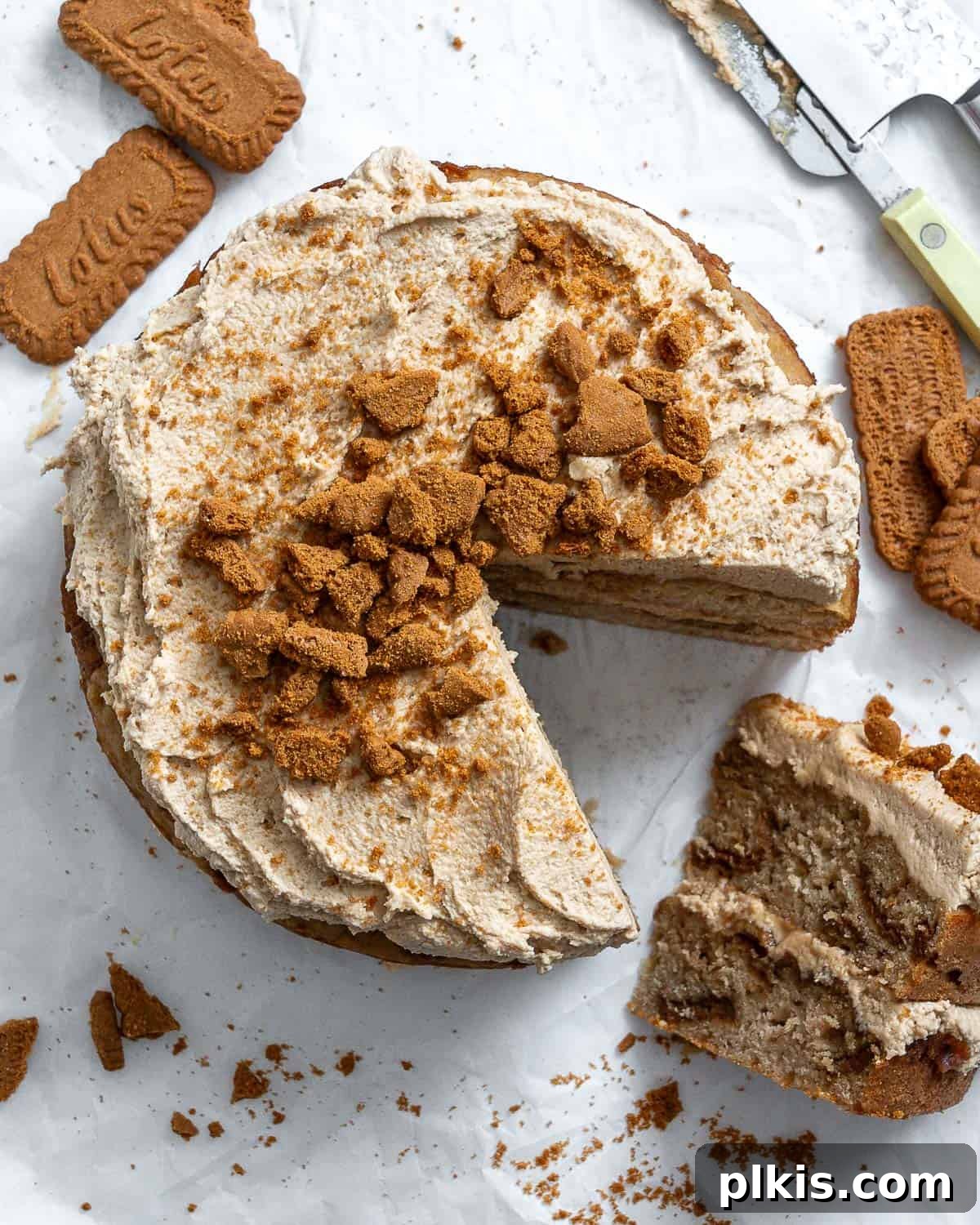Decadent Vegan Biscoff Dream 22 completed sliced Vegan Biscoff Cake against a white surface, showing interior layers