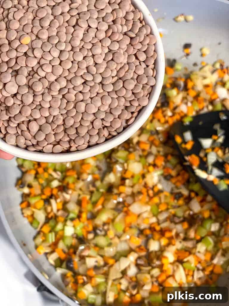 Wholesome Lentil Shepherd's Comfort 11 Rinsed brown lentils being added to the sautéed vegetable mixture in a pan.