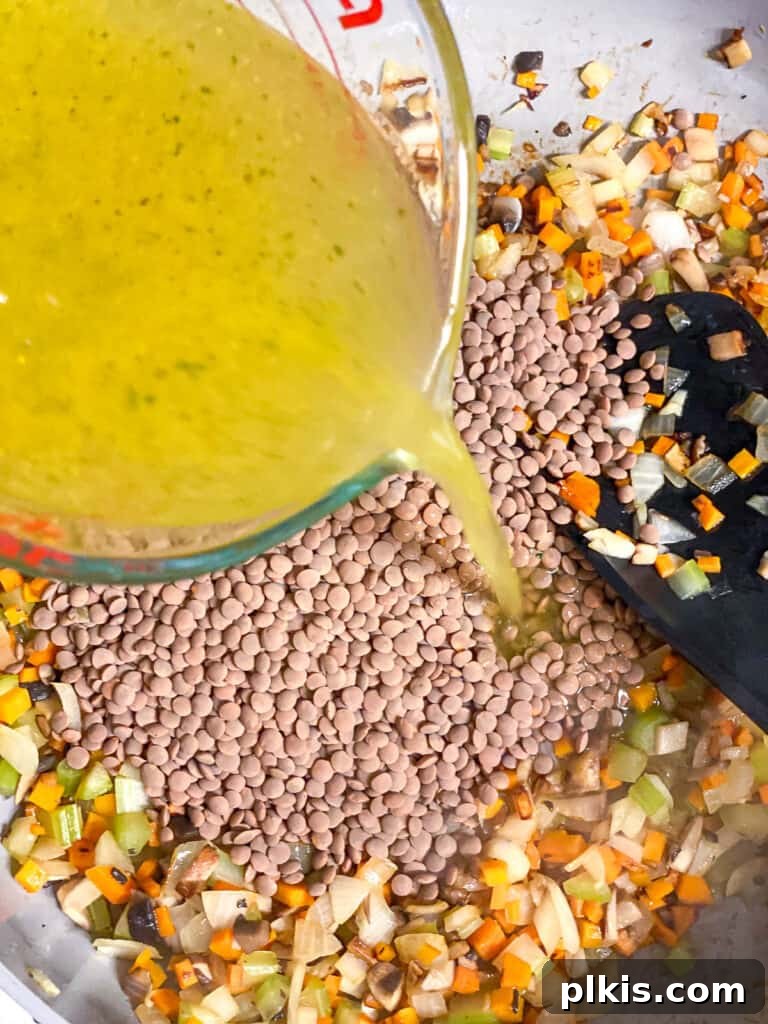 Wholesome Lentil Shepherd's Comfort 12 Vegetable broth being poured into the pan with lentils and vegetables, ready for simmering.