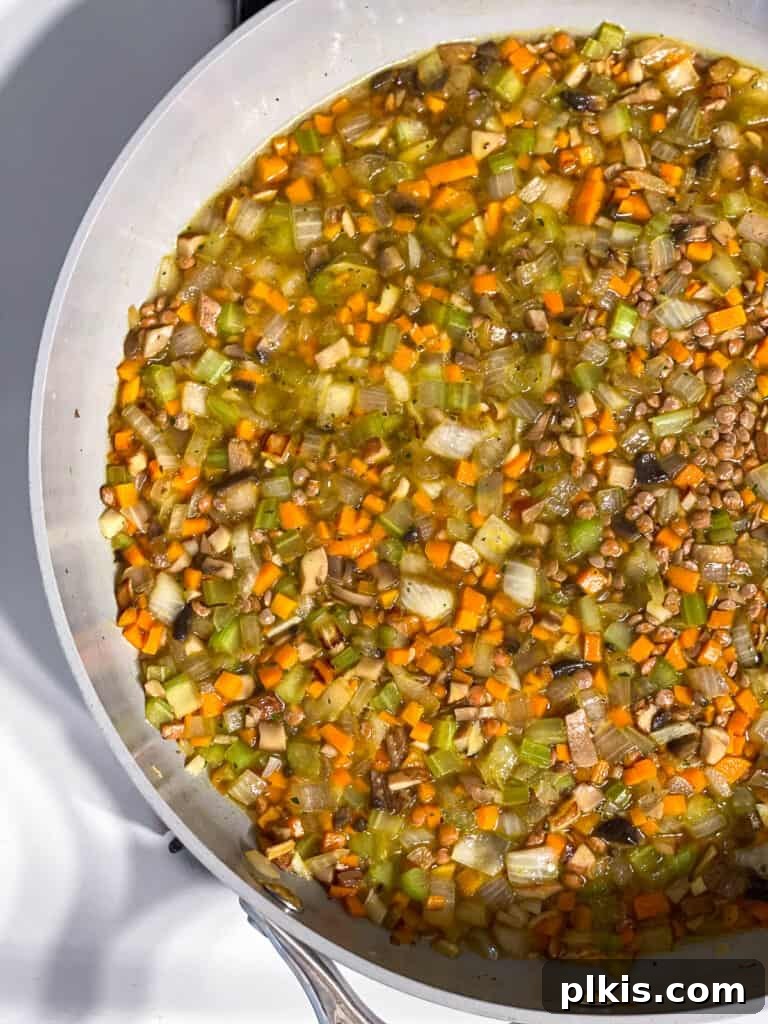 Wholesome Lentil Shepherd's Comfort 13 Lentil and vegetable mixture simmering in a covered pan, absorbing the broth.