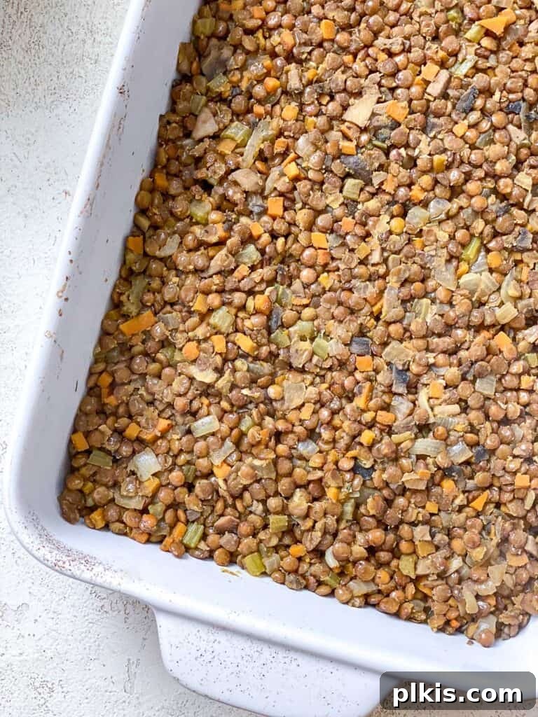 Wholesome Lentil Shepherd's Comfort 19 The rich lentil and vegetable mixture spread evenly in a baking dish.