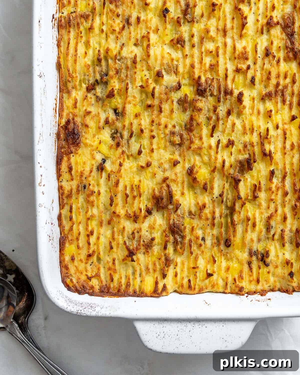 Wholesome Lentil Shepherd's Comfort 22 A slice of vegan lentil shepherd's pie on a white plate, revealing its layered filling and fluffy potato topping, garnished with fresh herbs.