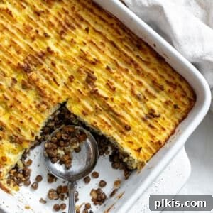 A hearty portion of freshly baked Vegan Lentil Shepherd's Pie