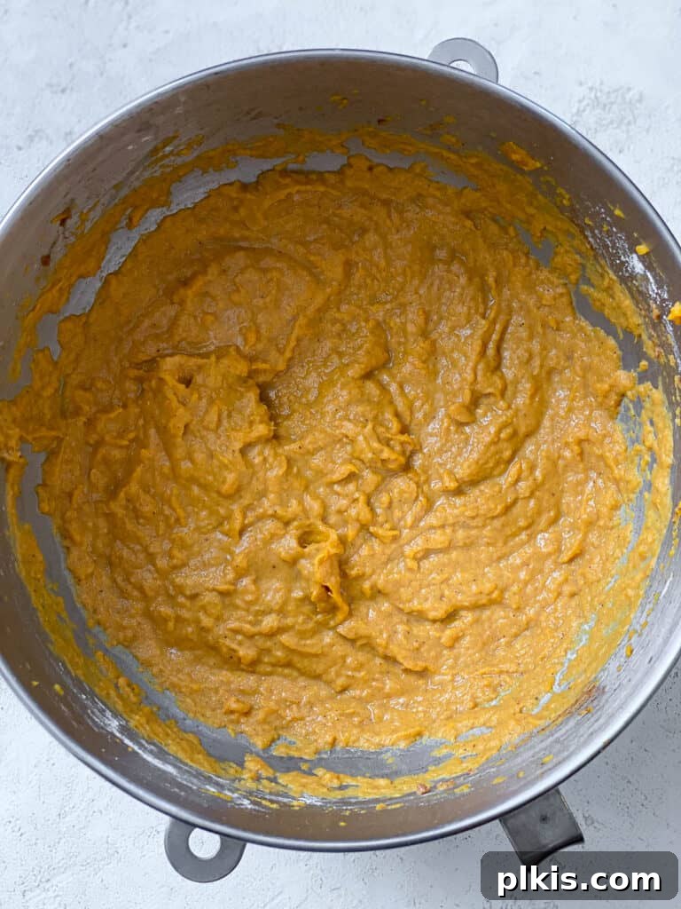 Creamy Vegan Sweet Potato Dream 12 The fully mixed sweet potato pie filling in a bowl, showing a uniform, smooth consistency.