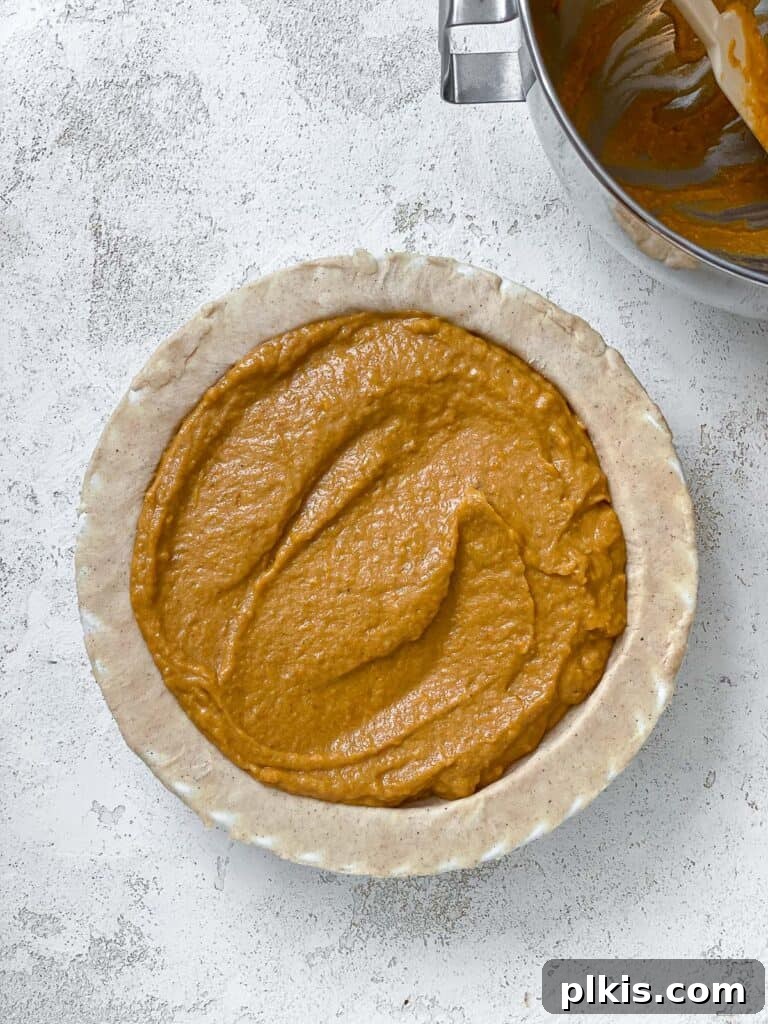 Creamy Vegan Sweet Potato Dream 14 An unbaked vegan sweet potato pie, freshly filled and ready to go into the oven, against a white background.