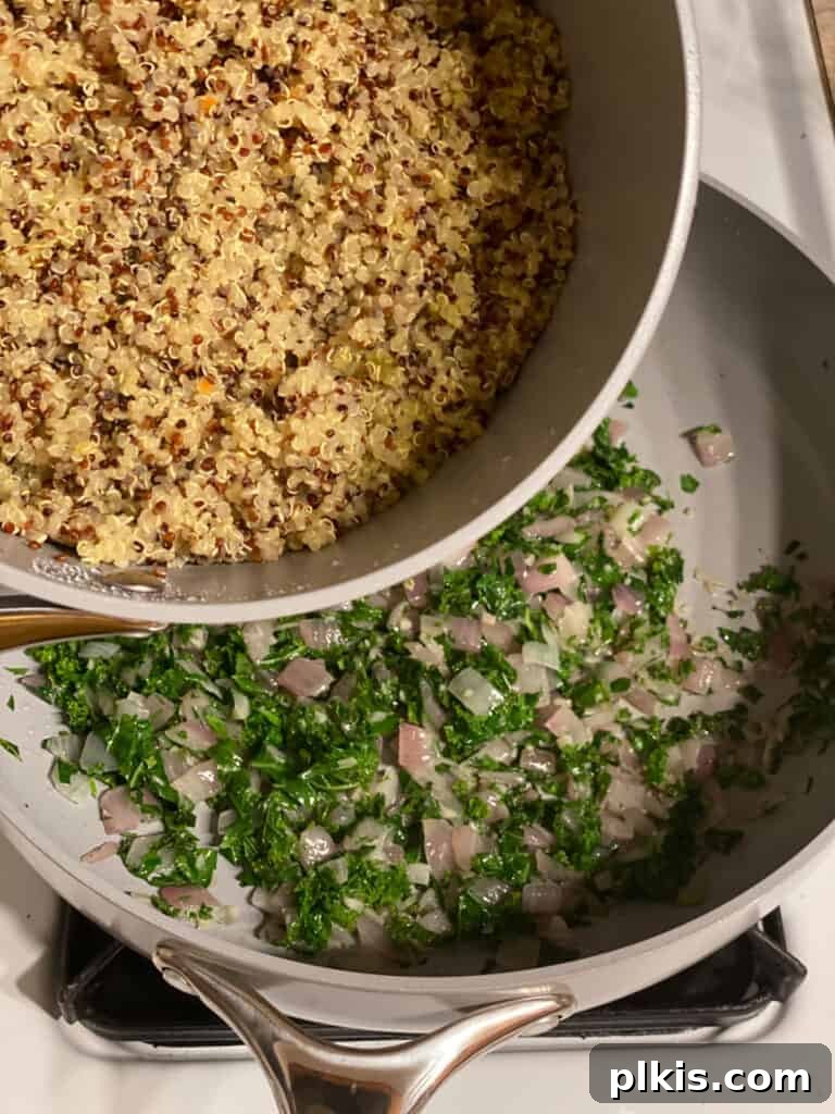 Hearty Vegan Quinoa Stuffed Acorn Squash 9 process shot of quinoa being added to pan