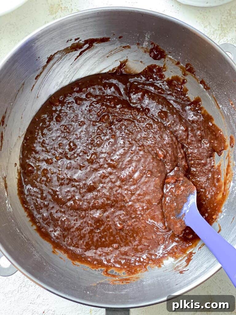 Swirled Biscoff Fudgy Brownies 6 Process shot of combining sugars, flax egg, and melted chocolate mixture in a large mixing bowl.
