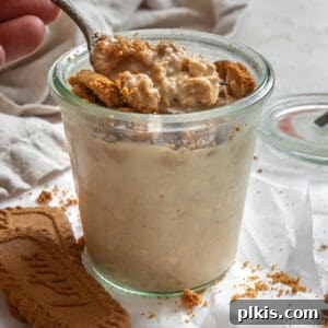 Dreamy Biscoff Overnight Oats 7 Completed Biscoff Overnight Oats in a glass jar, garnished with toppings.