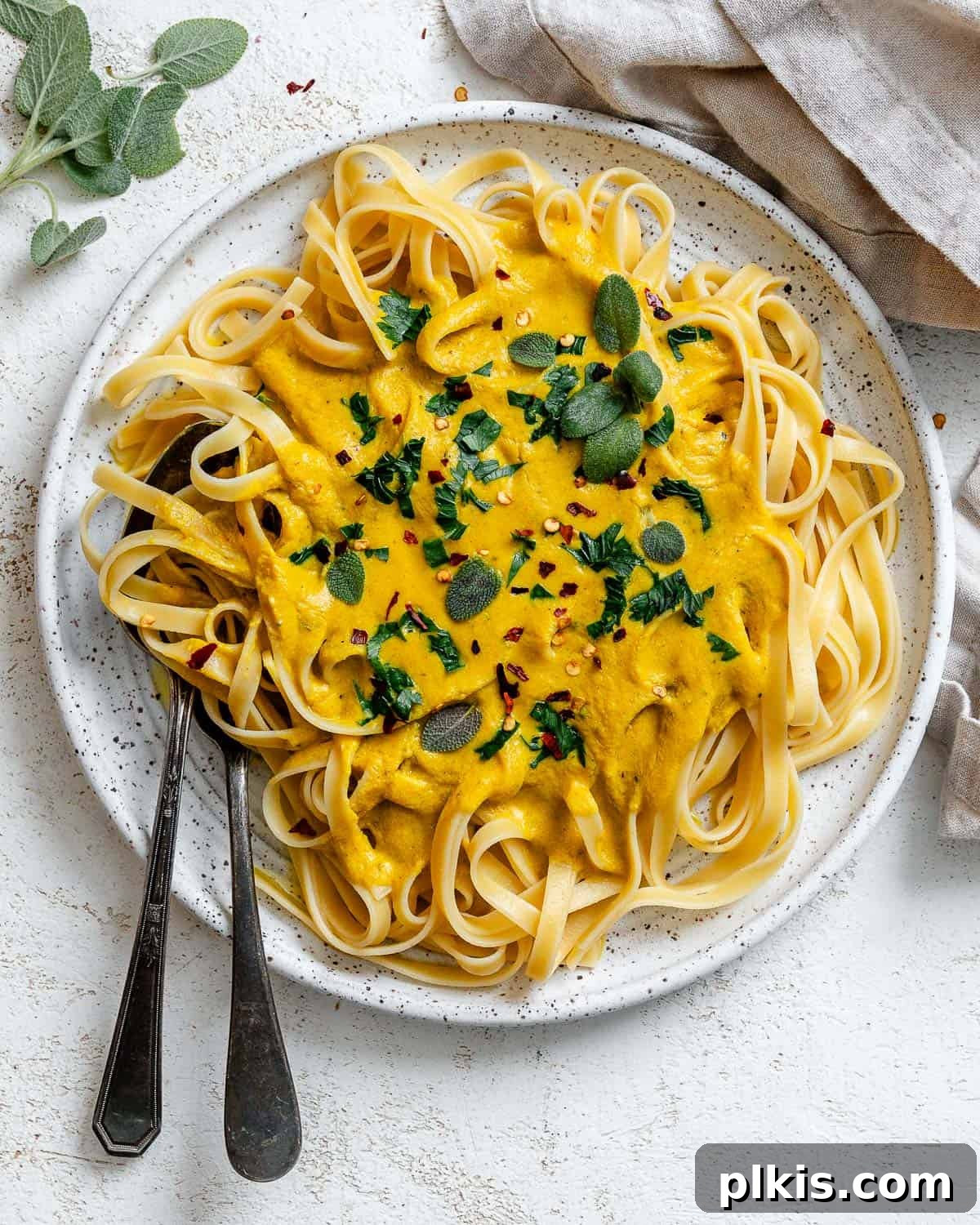 Velvety Pumpkin Pasta 2 completed Creamy Pumpkin Pasta (Vegan) plated on a white plate, garnished with fresh herbs and pumpkin seeds