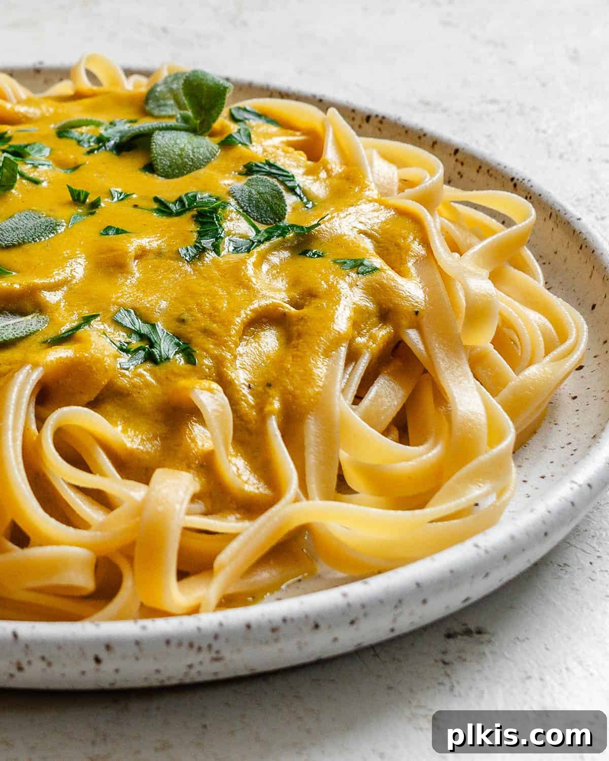 Velvety Pumpkin Pasta 11 completed Creamy Pumpkin Pasta (Vegan) plated on a white plate, showcasing the rich, creamy sauce and garnished with fresh herbs