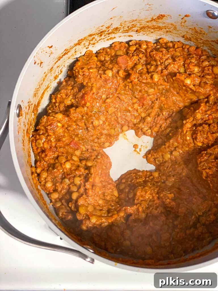 Hearty Lentil Sloppy Joes for Stove Top or Slow Cooker 15 Process shot of mixing lentils and sauce thoroughly in a pot.