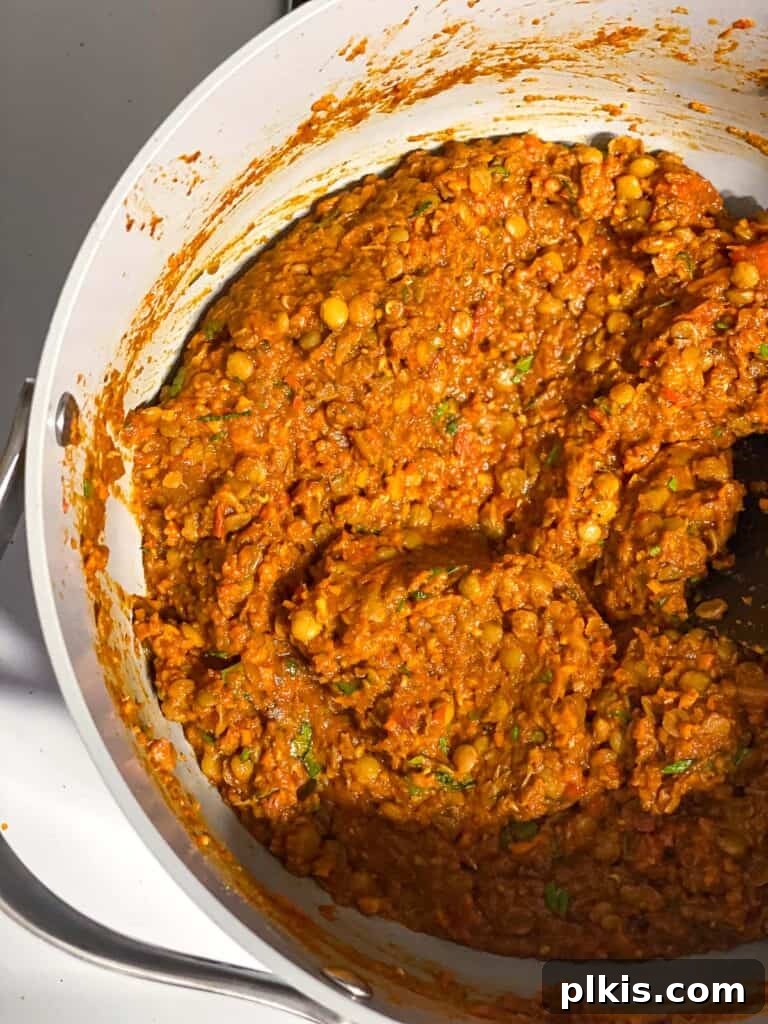 Hearty Lentil Sloppy Joes for Stove Top or Slow Cooker 17 Process shot of the final mix of lentil sloppy joe filling in the pot, ready to serve.