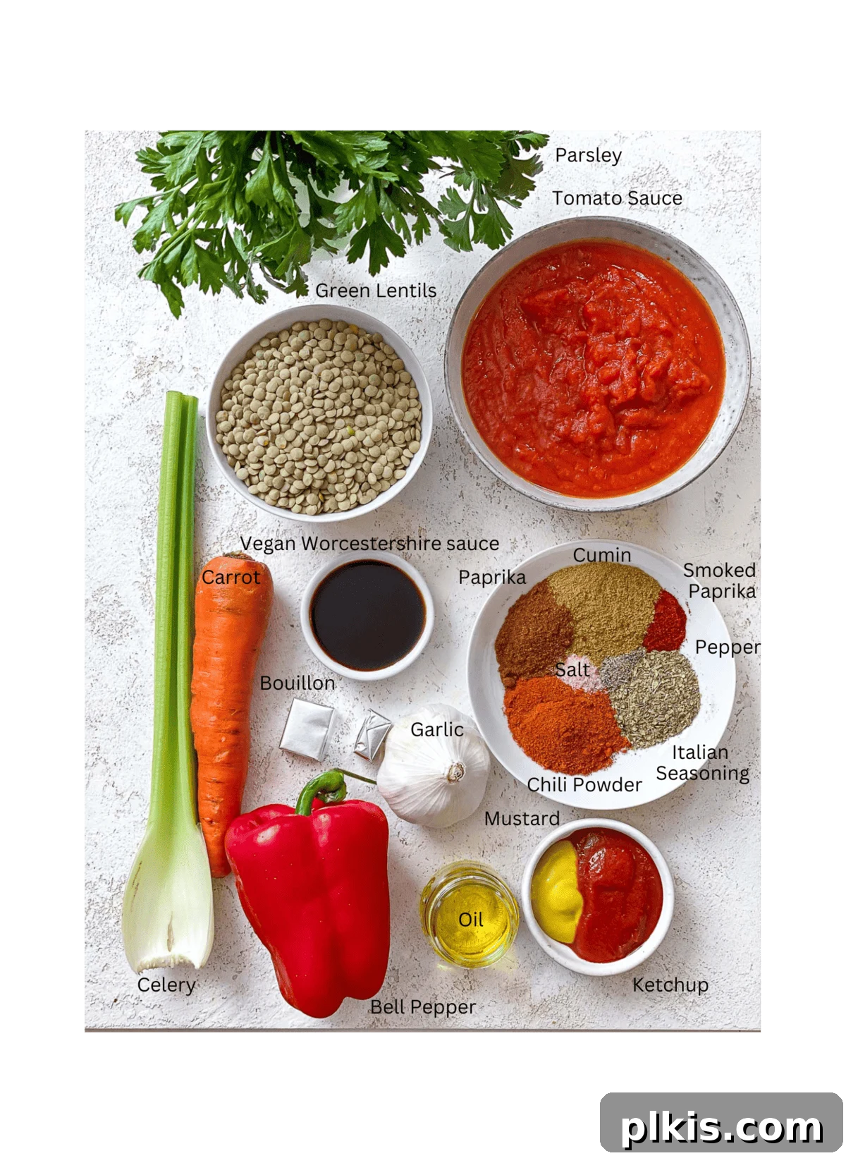 Hearty Lentil Sloppy Joes for Stove Top or Slow Cooker 3 Ingredients for Lentil Sloppy Joes laid out on a clean white surface, showcasing fresh vegetables, lentils, and spices.