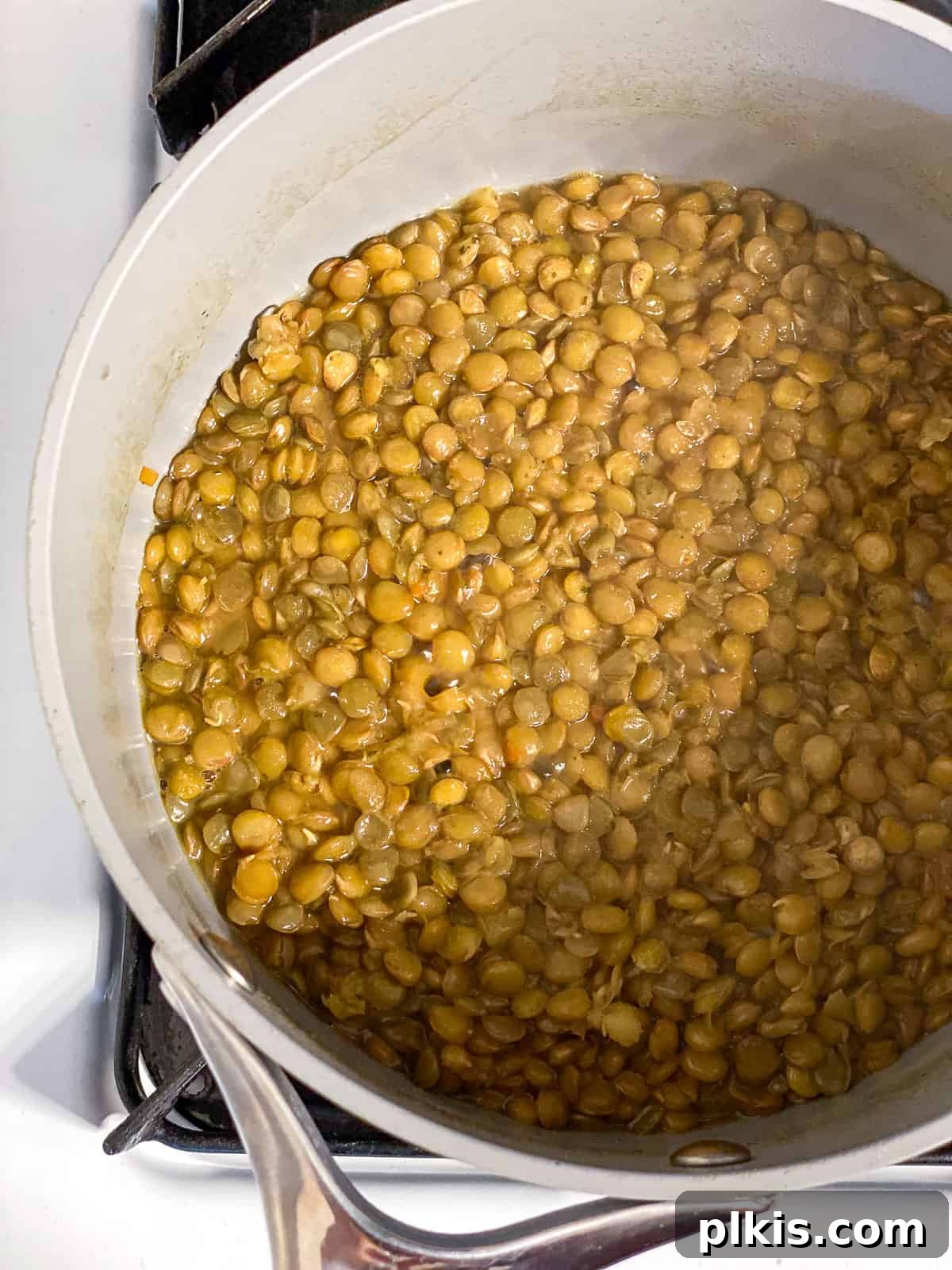 Hearty Lentil Sloppy Joes for Stove Top or Slow Cooker 6 Process shot of lentils simmering gently in a covered pot on the stove.