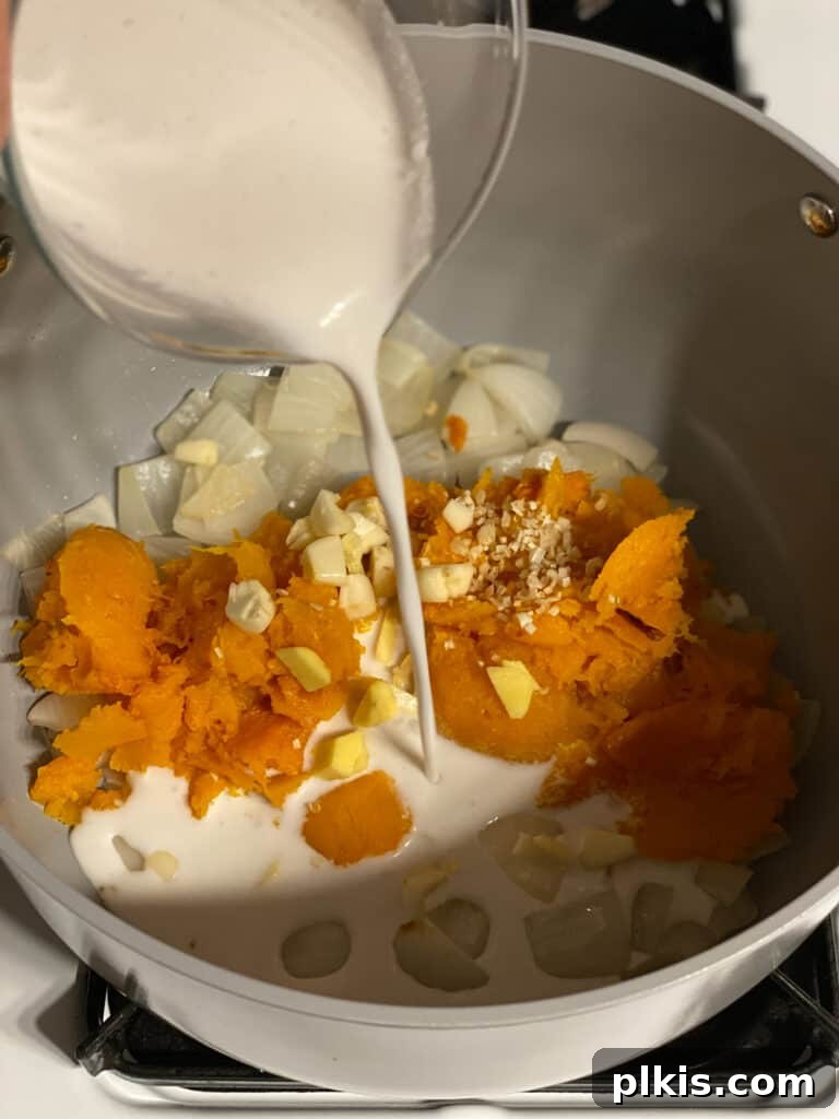 Golden Thai Squash Elixir 11 Pouring creamy coconut milk into the pot with butternut squash and aromatics.