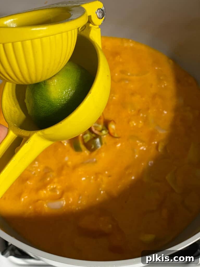 Golden Thai Squash Elixir 14 Fresh lime juice being squeezed into the blender with the soup ingredients, adding brightness.