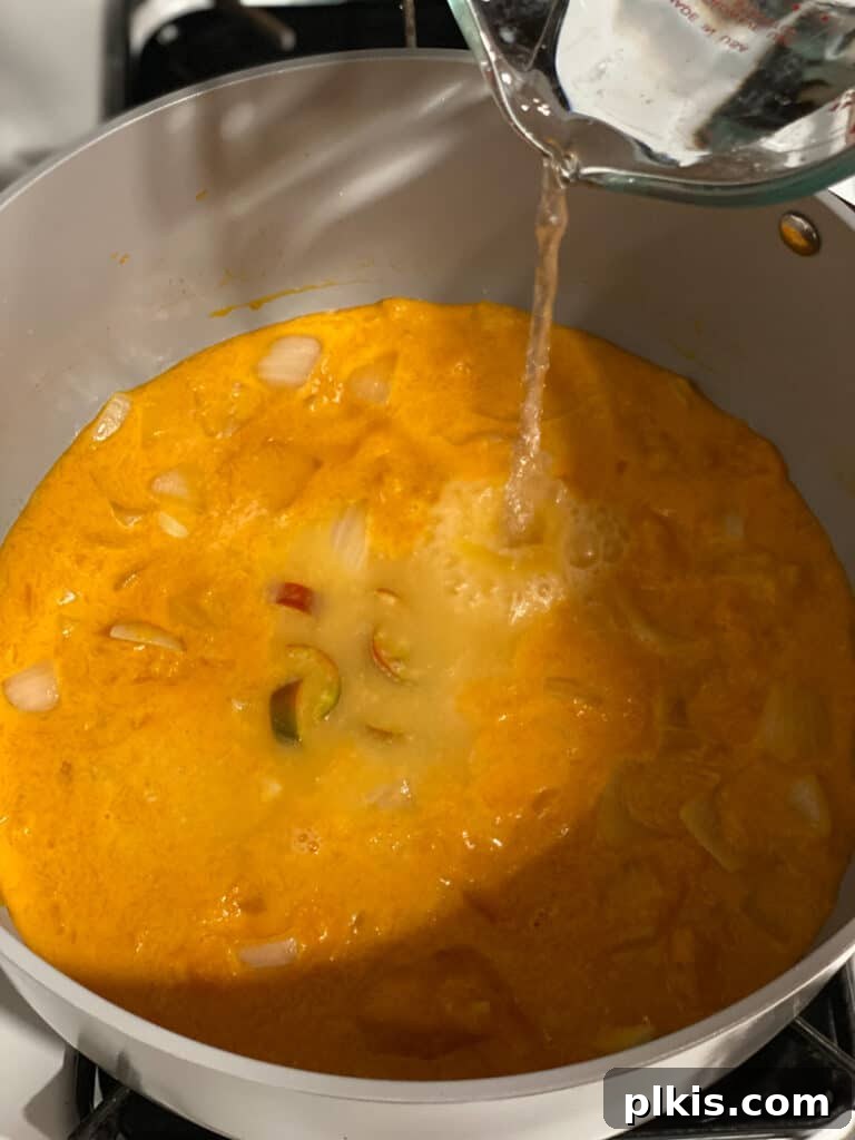 Golden Thai Squash Elixir 16 Adding water to the soup mixture in the blender to achieve the desired consistency.