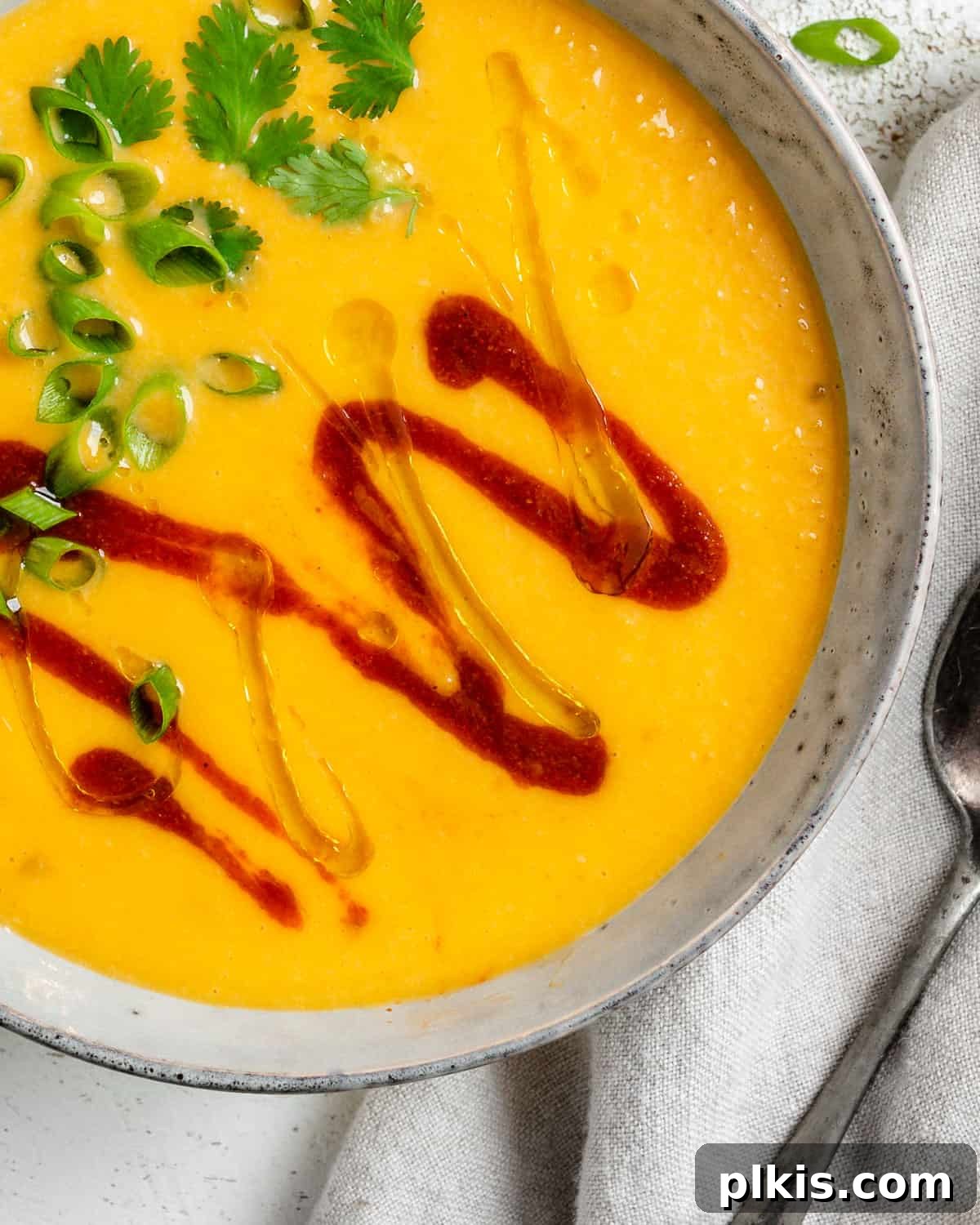 Golden Thai Squash Elixir 18 A close-up shot of the finished Thai Butternut Squash Soup in a white bowl, showing its creamy texture and fresh cilantro garnish, against a clean white background.
