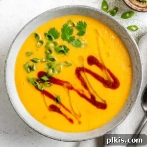 Golden Thai Squash Elixir 19 completed Thai Butternut Squash Soup in a white bowl against a white background