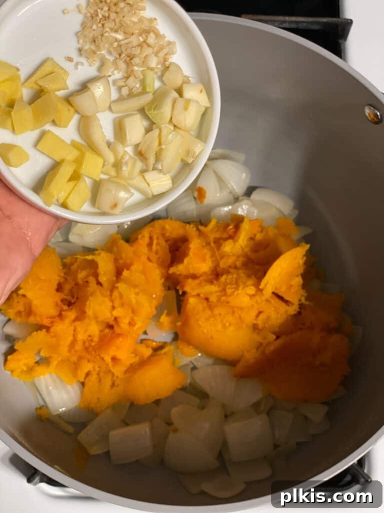 Golden Thai Squash Elixir 10 Freshly chopped garlic and ginger being added to sautéed onions in a pot.