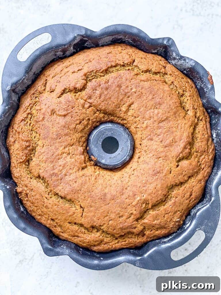 A freshly baked Vegan Pumpkin Bundt Cake still in its bundt pan, showing a golden-brown crust and perfect rise.