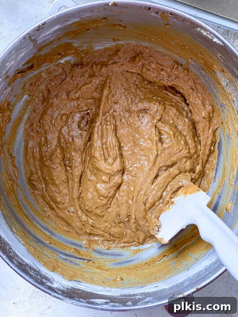 Cozy Vegan Gingerbread Spice Cake 7 A process shot of mixing all ingredients together in a large bowl to form a smooth cake batter.