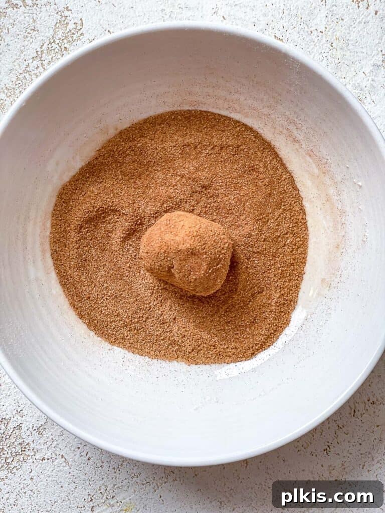 Effortless Vegan Snickerdoodle Delights 8 process shot showing dough ball in bowl of cinnamon