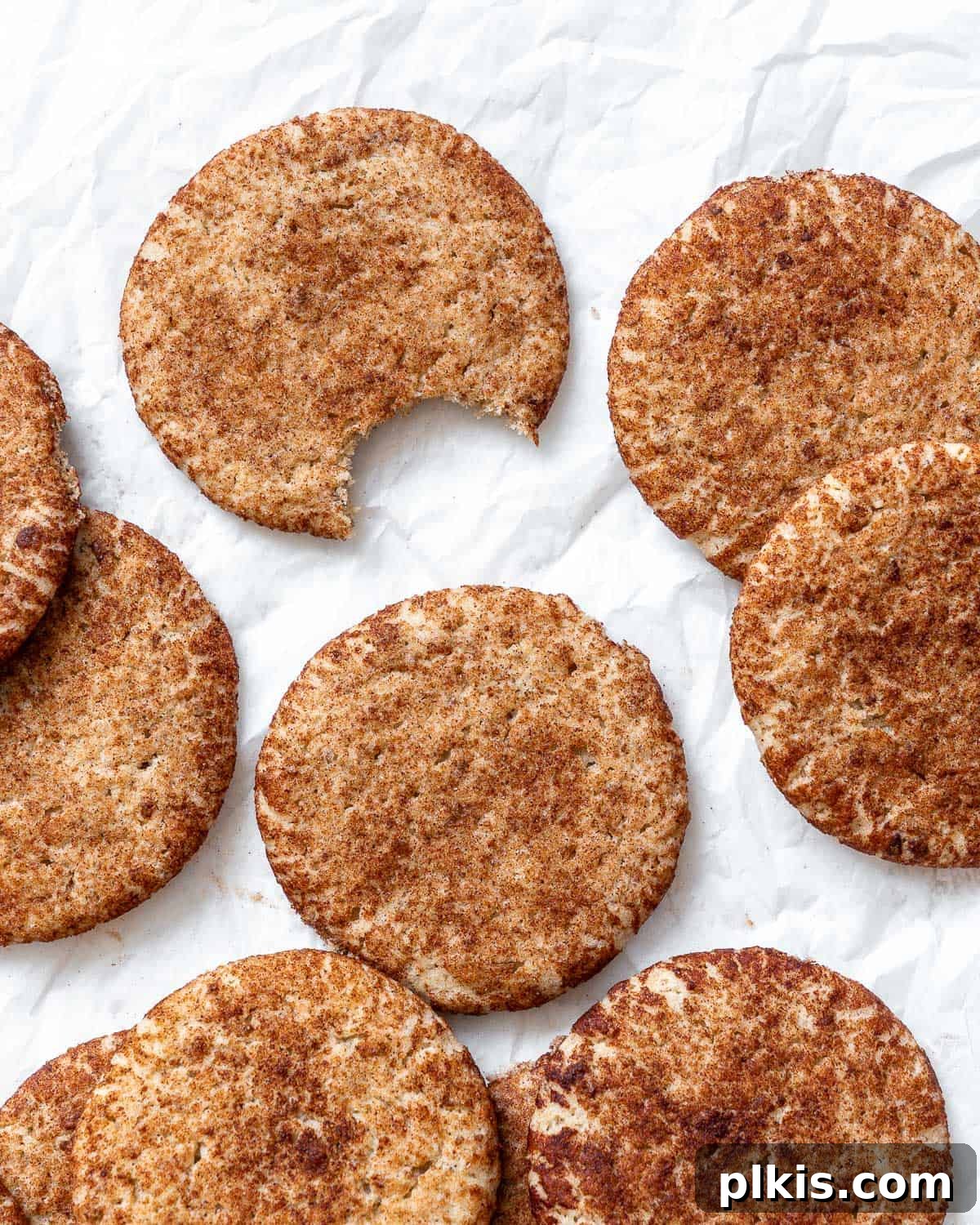 Effortless Vegan Snickerdoodle Delights 10 completed Easy Vegan Snickerdoodles on a white surface