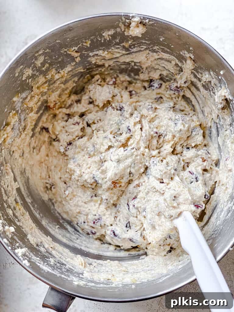 Hearty Vegan Fruit Loaf 6 Process shot displaying a well-mixed fruit cake batter in a large bowl, showing its consistent texture before baking.