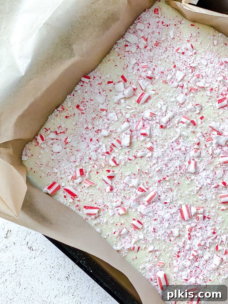 Process shot showing the completed vegan peppermint bark in a baking dish, with crushed candy canes on top, ready for chilling.