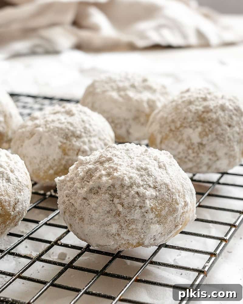 Flavorful Snowball Delights 8 A vibrant display of completed Easy Snowball Cookies, freshly coated in powdered sugar, resting on a cooling rack