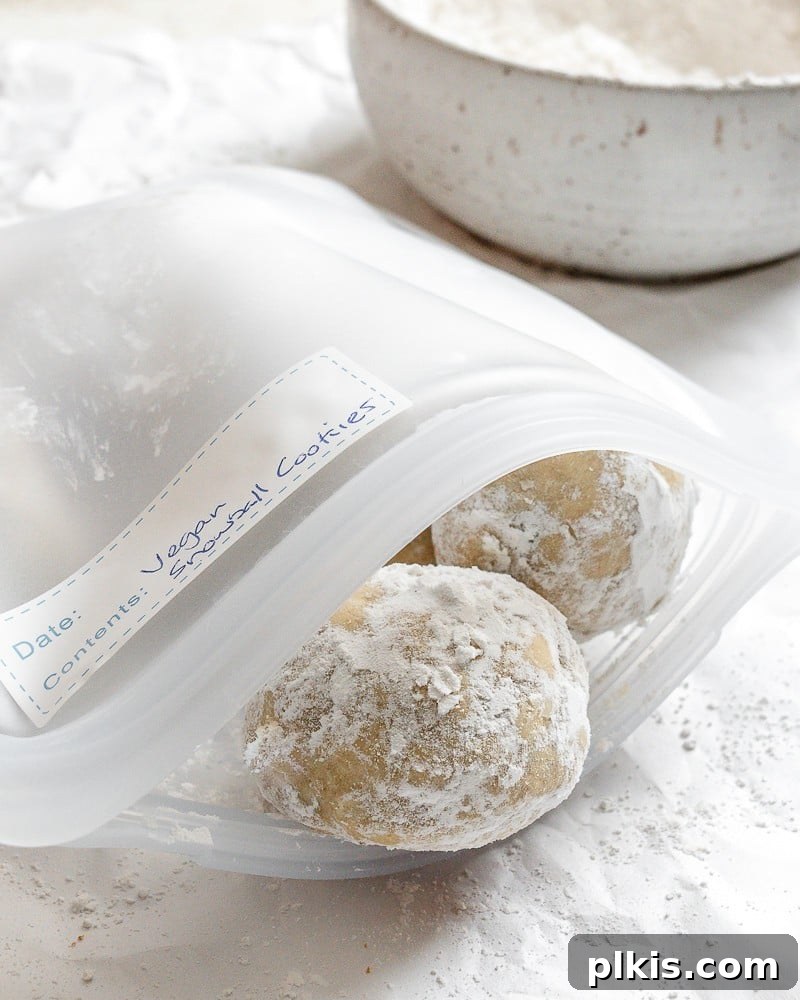 Flavorful Snowball Delights 9 Vegan Snowball Cookies neatly arranged in a clear airtight storage container, ready for preservation