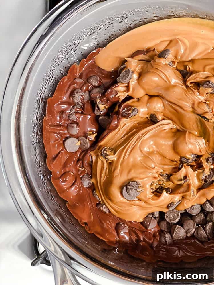 Two-Ingredient Biscoff Fudge Bliss 5 Process shot of vegan chocolate chips and Biscoff butter melting together in a heat-safe bowl over a pot of simmering water, creating a double boiler.