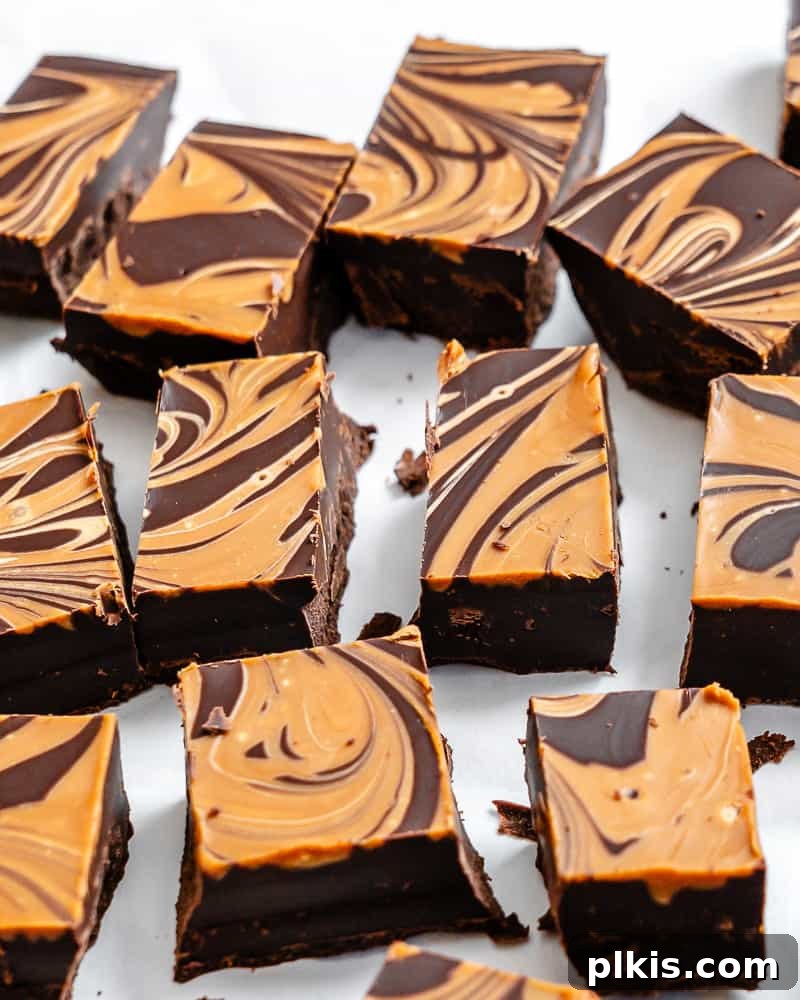 Two-Ingredient Biscoff Fudge Bliss 7 Close-up of perfectly cut squares of Easy 2-Ingredient Biscoff Fudge, showcasing its rich texture and a subtle swirl, on a white background.