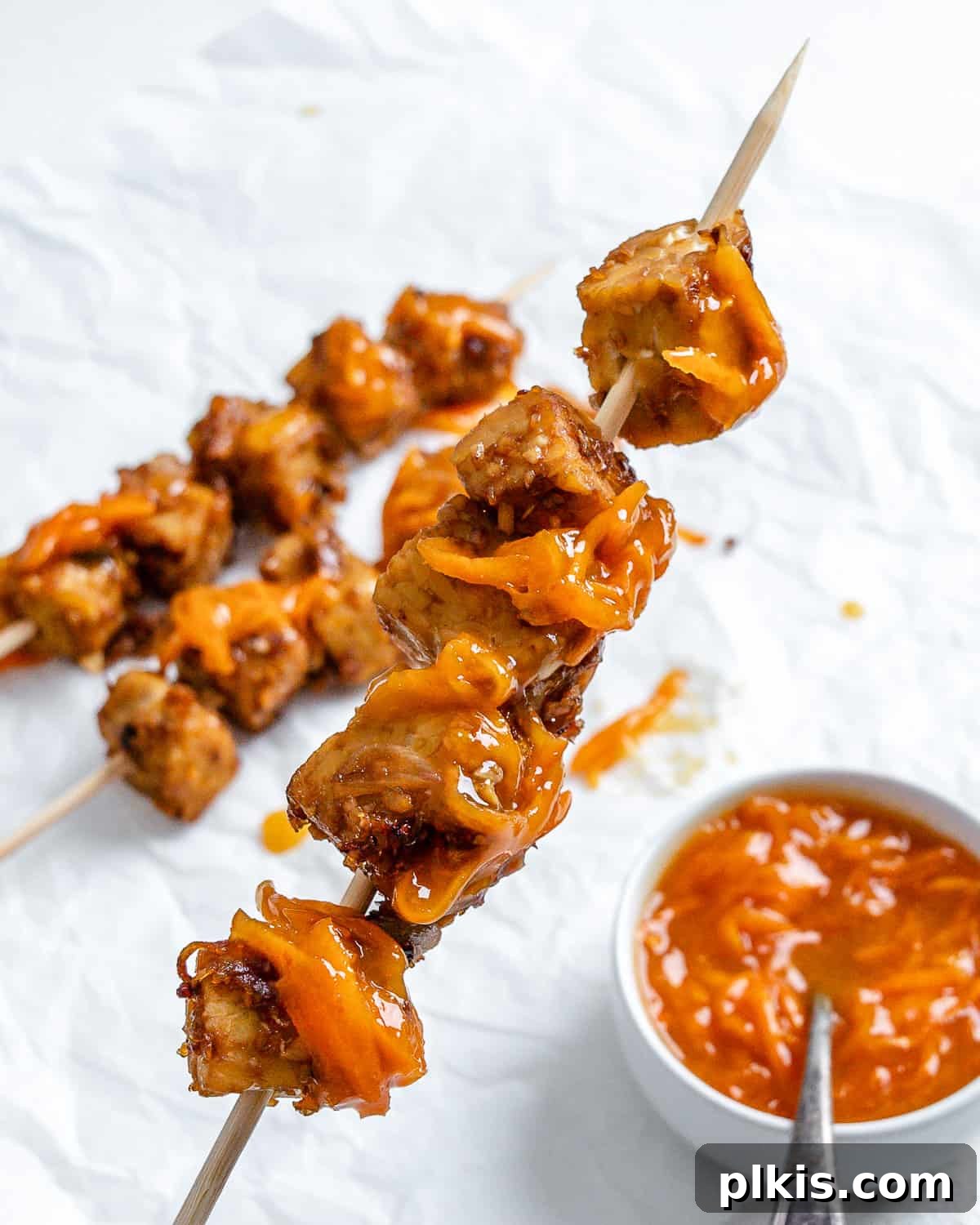 The finished Vegan Kabobs with Marinated Tempeh presented beautifully, inviting viewers to try the recipe.