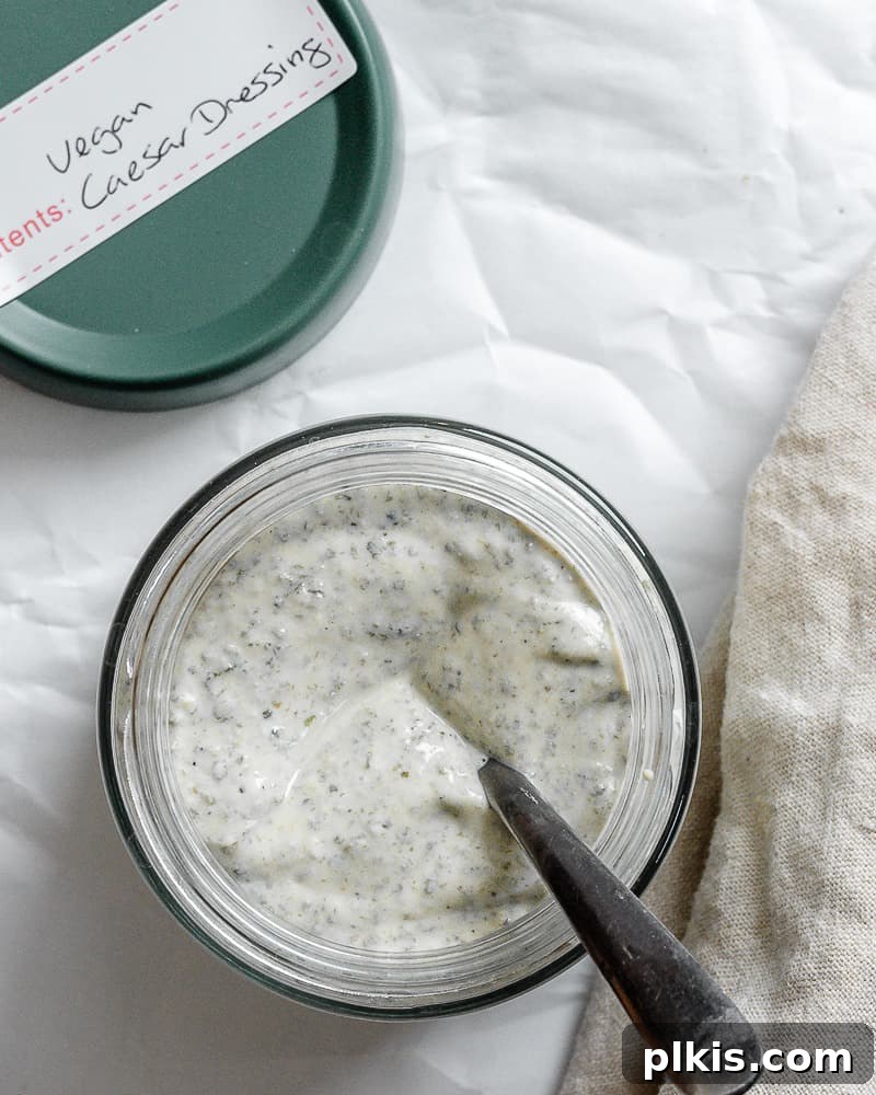 Creamy Vegan Caesar 7 completed Vegan Caesar Dressing stored in a sealed glass container in the refrigerator