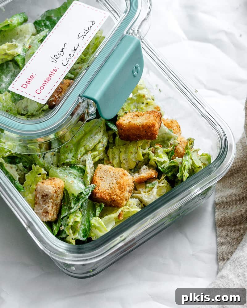 Ultimate Vegan Caesar 11 completed Vegan Caesar Salad in a storage container