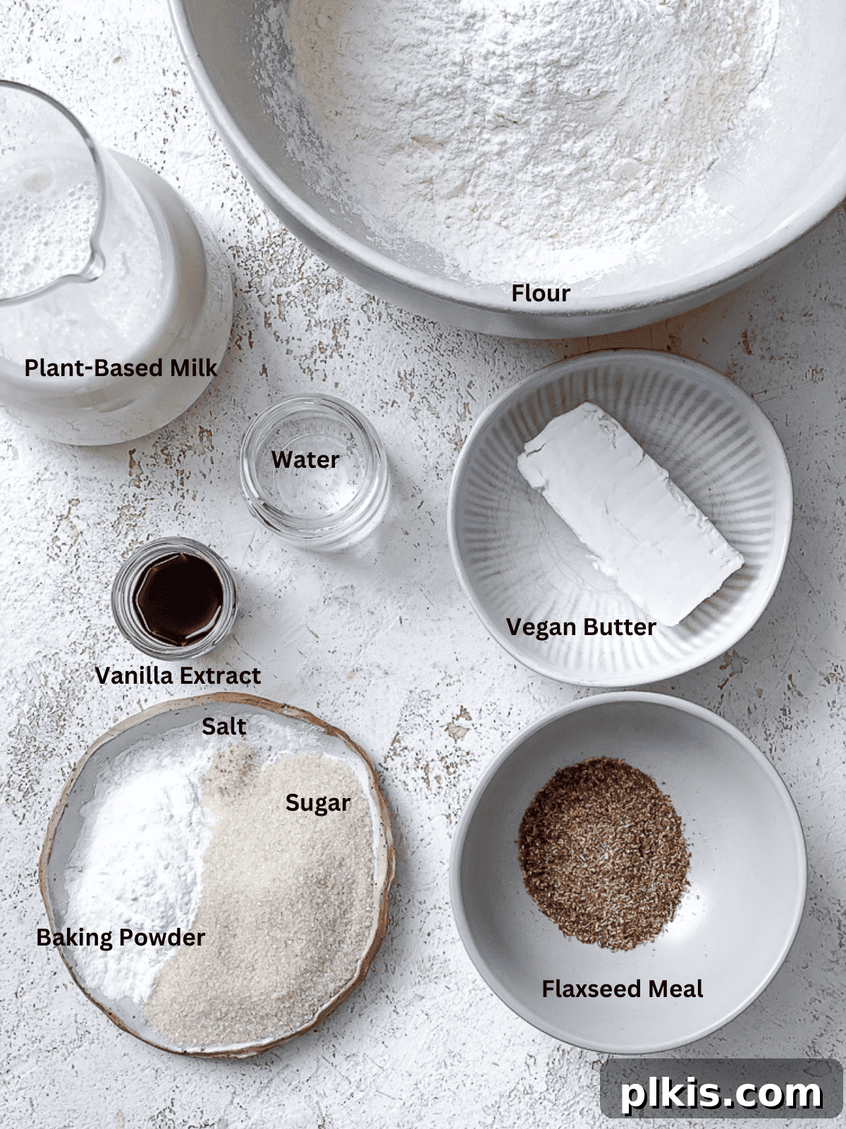 ingredients for Easy Vegan Pancakes [Regular or Mini] on a white surface