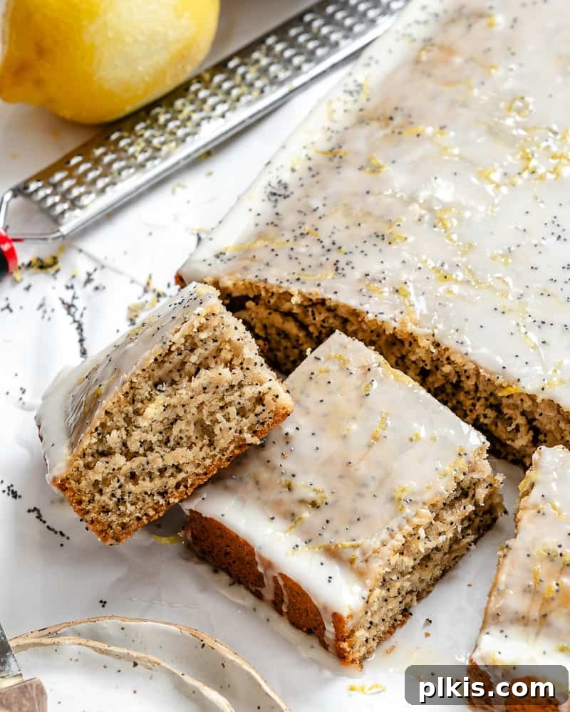 Zesty Lemon Poppy Seed Cake 8 Two perfectly cut slices of vegan lemon poppy seed cake, showing off its moist texture and poppy seed flecks.